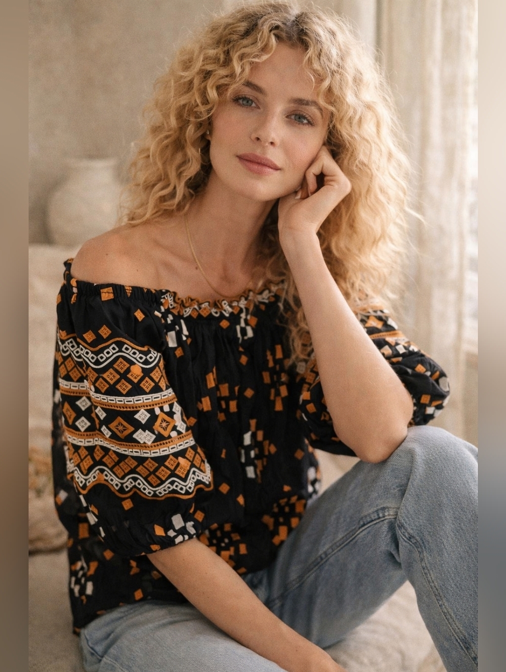 SEZANE PARIS EMBROIDERED BOHO OFF SHOULDER BLOUSE BLACK ORANGE COTTON SIZE 38